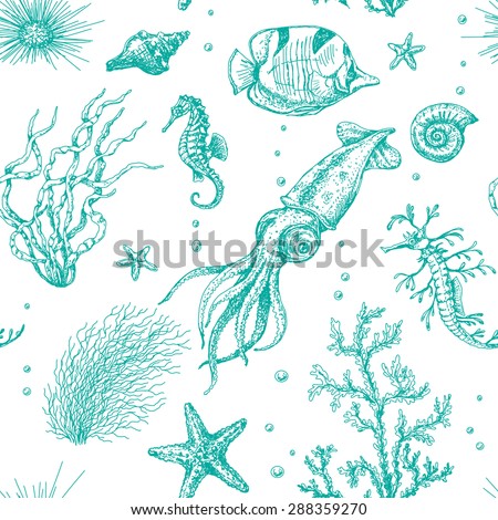 Seamless texture with  underwater plants and animals. Hand drawn sketch of starfish, shells, squid, fish, hippocampus and algae.