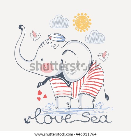 Sailor Elephant, hand drawn vector illustration, can be used for kid\'s or baby\'s shirt design, fashion print design, fashion graphic, t-shirt, kids wear