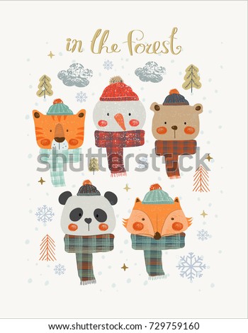 Set of Christmas Woodland Cute Animals , Forest Animals ,Can be used for baby t-shirt print, fashion print design, kids wear, baby shower celebration greeting and invitation card.