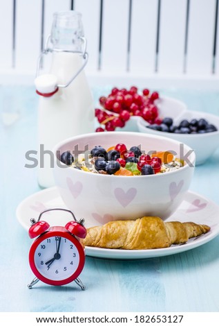Breakfast: muesli with berries and milk