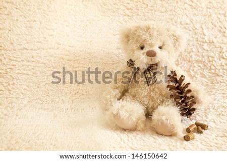 Cute beige Teddy bear with a pine cone on a soft wool blanket