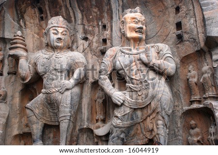 The stone sculpture of the Buddhist warriors in a grotto of Luoyang,Henan,China.
