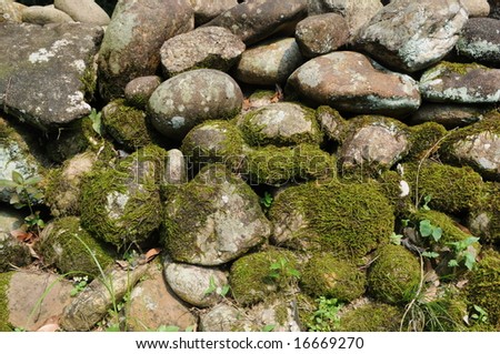 The ancient boulder wall with green moss and grass in the asian tropical area in south China.