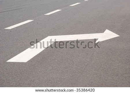 The transportation arrow  turning right mark on black asphalt road.