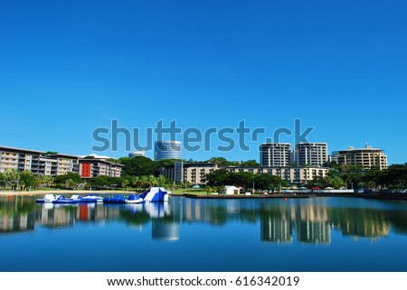 DARWIN, AUSTRALIA. The Darwin waterfront is a popular place for restaurants, shops, water sports, and cruise ships in the capital city of the Northern Territory of Australia.