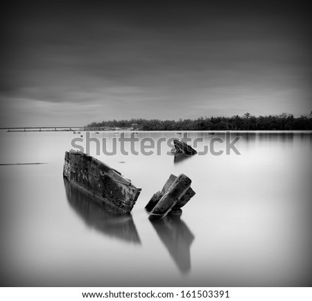 The lonesome sank boat in black and white