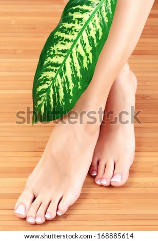 Female feet with big green leaf