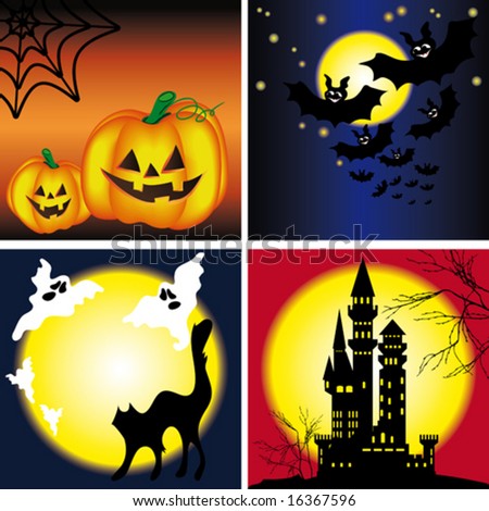 Halloween Backgrounds on Halloween Backgrounds Set  Decorated With Yellow Pumpkins  Web  Bats