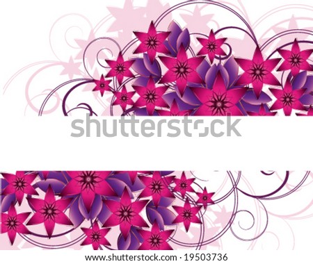 Flower background. The decor of pink and purple flowers and leaves on a white background