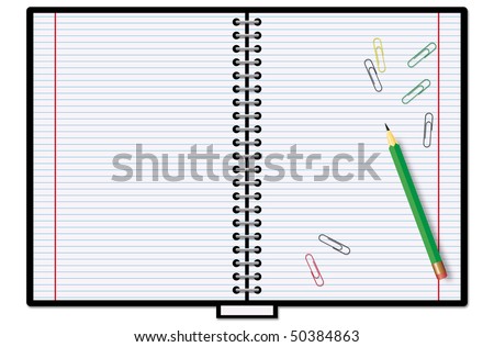 Copybook with crayon and paper clips