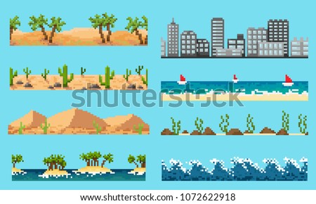 A set of pixel seamless element landscape: desert, ocean, city and other, for creating different landscapes in games and mobile applications.