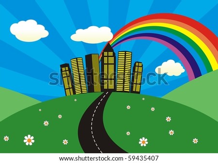 landscape with skyscrapers and rainbow