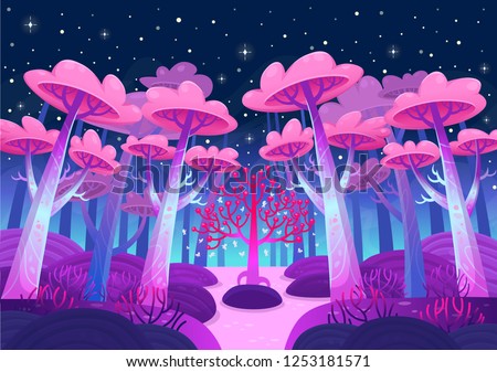 A gaming background, nature landscape. Night forest with magical trees and a lake. Cartoon style vector