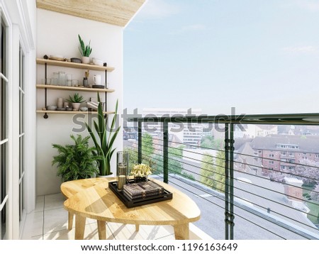 3D rendering,Modern balcony design, green plants make the balcony full of life