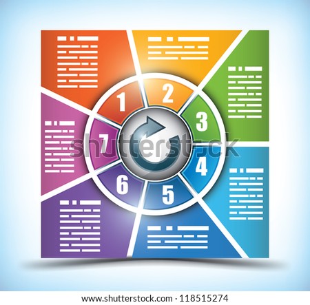 Seven stage workflow chart with boxes subtly changing from one color to the next space for your text and surrounding a central icon for button or title Seven stage workflow chart with boxes subtly changing from one color to the next space for your text and surrounding a central icon for button or title