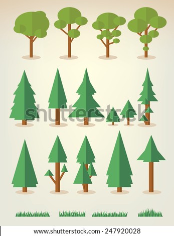 set of flat trees and grass including pine and deciduous trees
