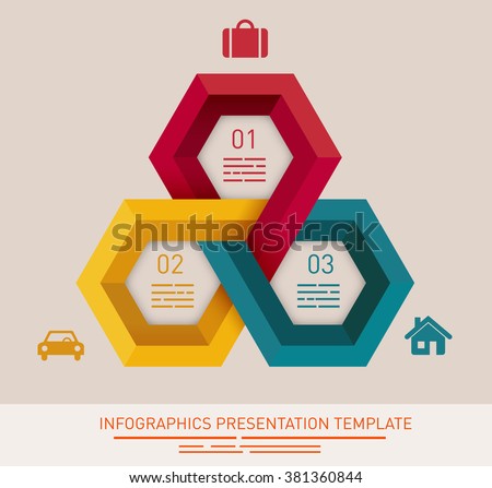 Presentation template with three different colored hexagonal fields