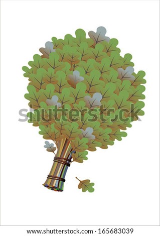 bath broom vector; oak broom in curve; bath broom; green leaves; oak broom illustrations; oak leaf vector;  bundle of twigs; oak leaves