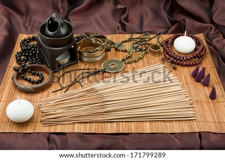 Still life with spices, Buddhist accessories, Indian spices, Vedic jewelry, Set for relaxation