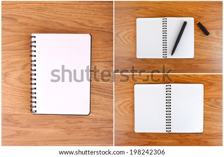 Notepad with a spiral binding and checkered sheets on a wooden background. A set of open notebooks