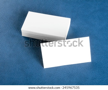 blank business cards on blue leather background, identity design, corporate templates, company style