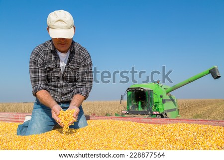 Happy smiling farmer during corn maize harvest