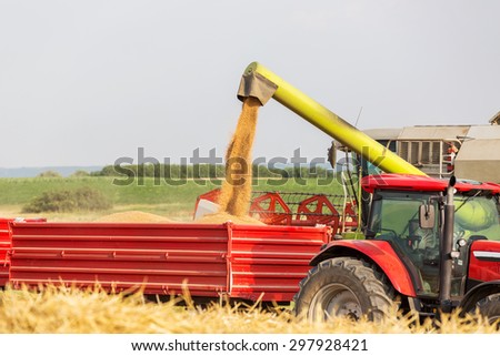Combine harvester unloading wheat grains into tractor trailer