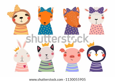 Set of cute funny little animals cat, sheep, penguin, bunny, sloth, fox, pig, squirrel. Isolated objects on white. Vector illustration. Scandinavian style flat design. Concept for children print