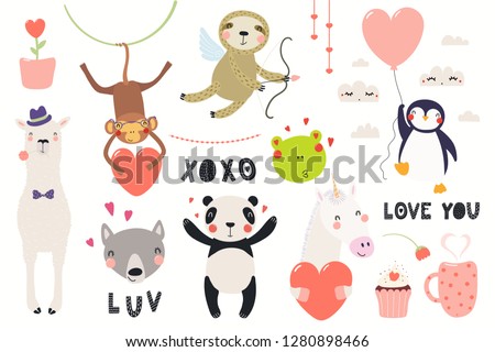 Big Valentines day set with cute funny animals, hearts, text. Isolated objects on white background. Hand drawn vector illustration. Scandinavian style flat design. Concept for card, children print.