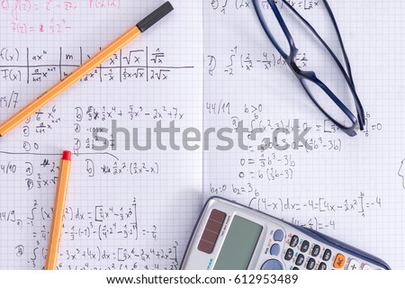 Maths school homework exercise book glasses calculator pens