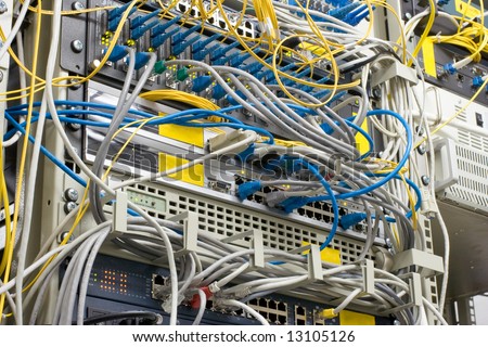 fiber connection of router and server in rack