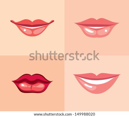 Set Of Beautiful Female Lips With Different Makeup. Vector Illustration 