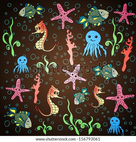 Marine animals cute cartoon seamless pattern. The underwater world. Perfect for design things for the kids. Vector illustration. EPS 10