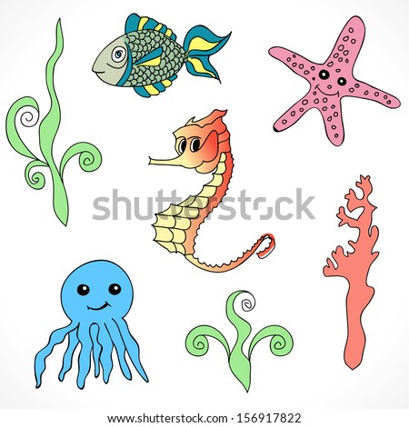 Set marine animals cute cartoon on an isolated background. The underwater world. Perfect for design things for the kids. Vector illustration. EPS 10