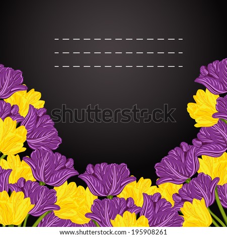 Vector colorful flower tulips on black background. Floral decoration backdrop with space for your text