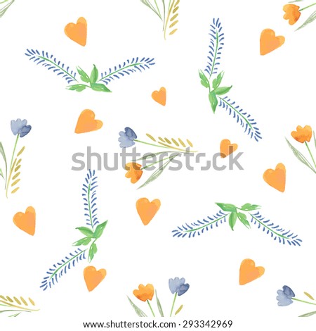 Vector the Seamless Watercolor Pattern of Flowers. Pattern with of yellow heart, Floral yellow and blue color on white background. Backdrop for your design invitations, save the date cards, scrapbook