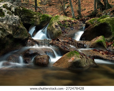Mountain river. Water motion thru stones. Spring