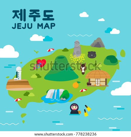 Jeju island Travel map vector illustration, Attractions in flat design. Korean character is 