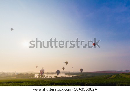 A colorful hot air balloon is flying in the sky above the lake and tea plantations in the early morning of summer in Thailand.\
The hot air balloon festival is held regularly in Chiang Rai.