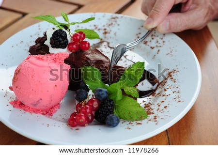 Chocolate cake with berries and ice cream in nice presentation. Cake being cut by a fork held in an adult hand.
