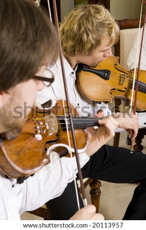 Professional violinists performing as part of a string quartet.