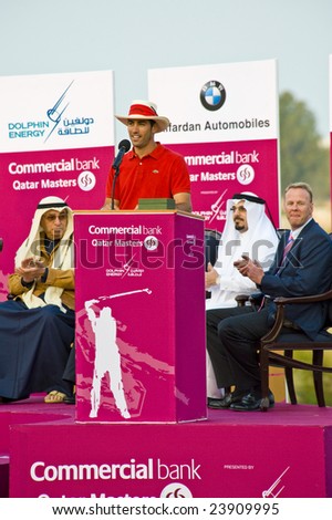 DOHA QATAR - 25 JANUARY 2009: Quiros delivers his speech after receiving his trophies for winning the 2009 Qatar Masters Golf Tournament on 25 January in Doha, Qatar.