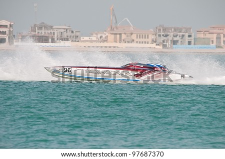 DOHA-MAR15: The Qatar leg of the Class 1 H2O racing, race 1, on March 15, 2012 in Doha, Qatar. Ali Al Neama pilots Qatar 95 with throttleman Matteo Nicolini, ahead of Abu Dhabi 5 piloted by Al Tayer.