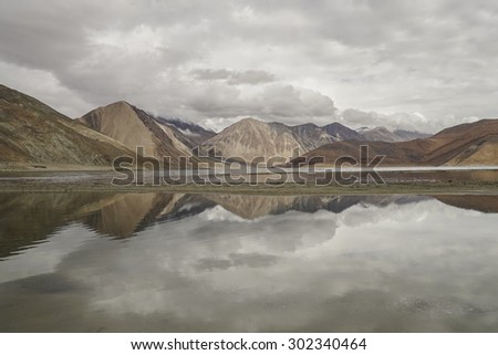 A reflecting view of Pangong Lake, Ladakh, India.