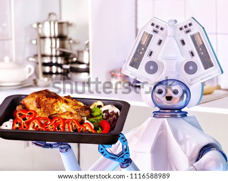 Robot domestic assistance cook chicken at kitchen and deliver food . Artificial intelligence help people with housework cooked to diners.