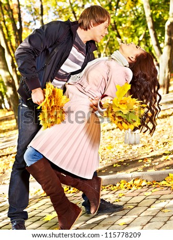 Loving couple on date autumn outdoor.