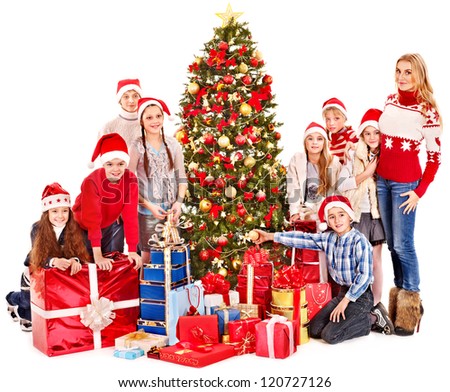 Group of children with mother Christmas tree.  Isolated.