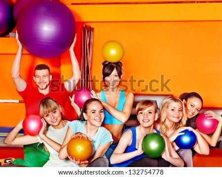 Group happy people in aerobics class.
