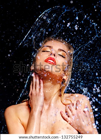 Wet woman face with water drop. Moisturizing.