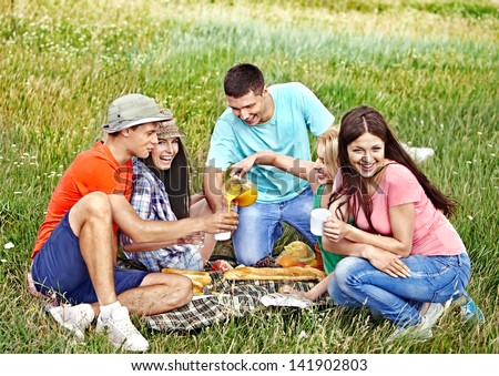 Group people on picnic summer outdoor.